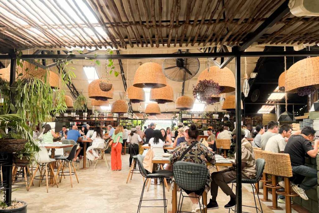 Indoor restaurant with woven pendant lights, plants, and people dining at various tables, creating a lively and relaxed atmosphere.